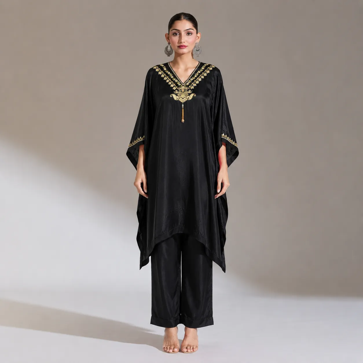Black Embroidered V-Neck Kaftan Set with Relaxed Pants